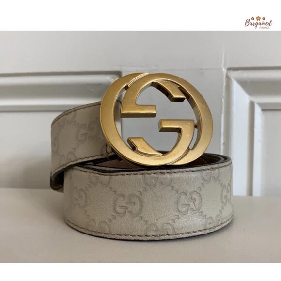 Authentic Gucci Cream Guccissima Leather Gold Interlocking G Buckle Belt 80/32 - Picture 12 of 13